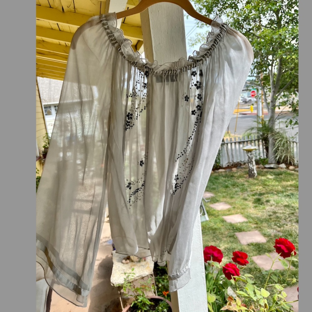 silk long sleeve sheer steel blue blouse with embroidery